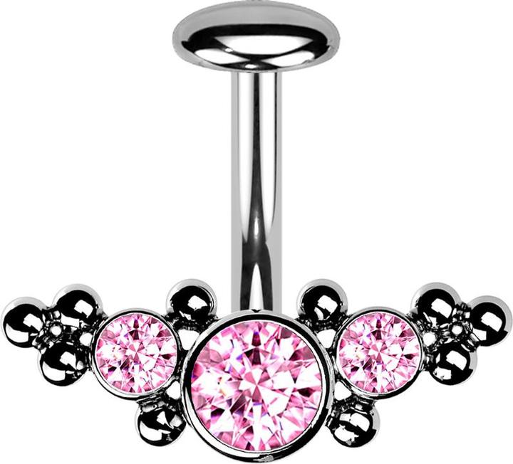 Star Piercing Threadless Labret-Stab Banane silber front mittig mit Kugeln und drei Kristalle pink (Titan G23)