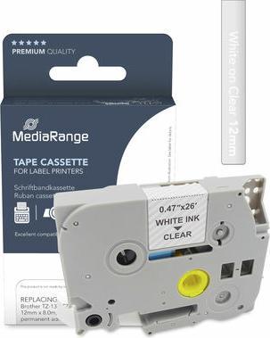 Produktbild MediaRange Schriftbandkassette weiÃŸ auf transparent 8m x 12mm (1.20 cm, Transparent)
