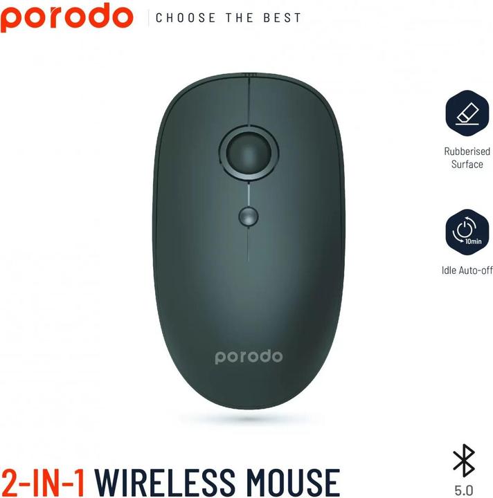Image du produit Porodo 2 in 1 Wireless Bluetooth Mouse 2.4GHz V5.0 - Black (Sans fil)