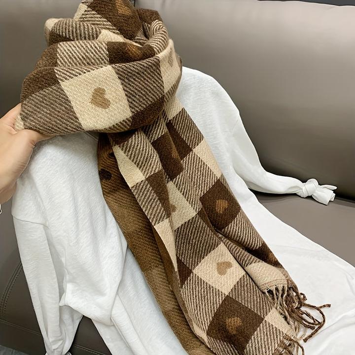 Immagine prodotto Only-Bags.Store Sciarpa con motivo a cuore su entrambi i lati, avvolgicollo invernale a quadri, scialle accogliente