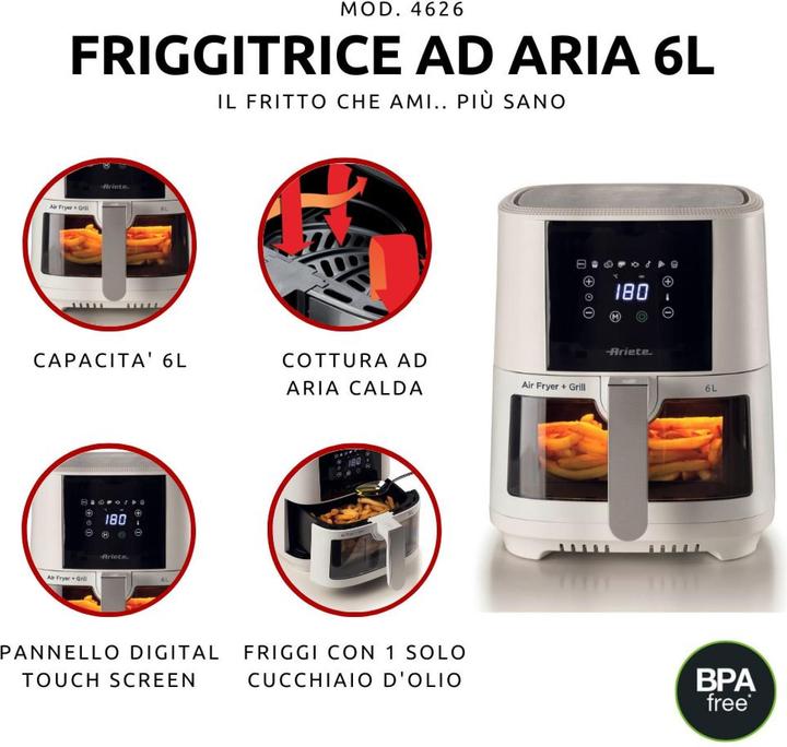 Image du produit Ariete 4626 Airy Fryer 6L, Friteuse à air, 1300 W, Capacité 6L, Capacité de cuisson 2.5kg, 8 pr