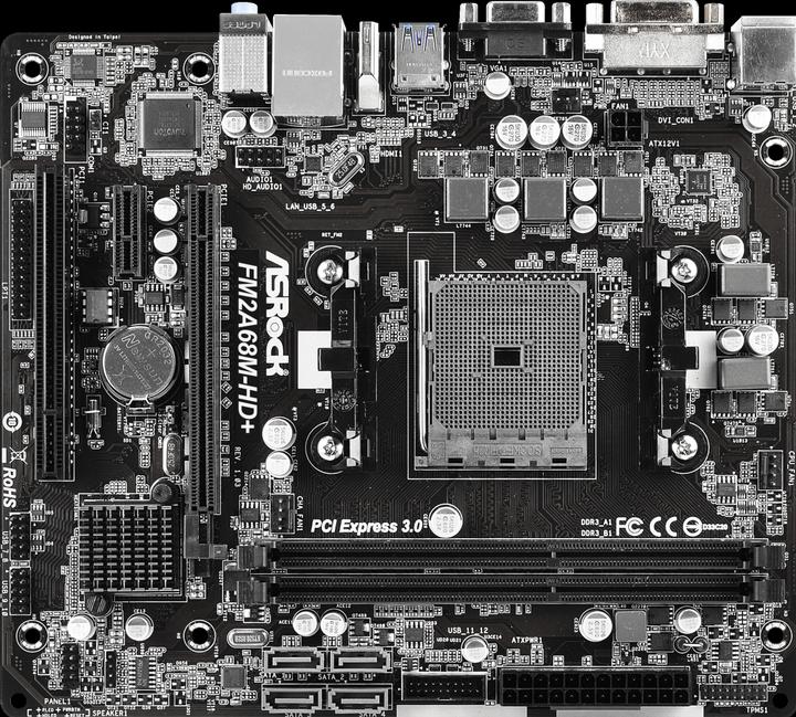 Actual product image AsRock FM2A68M-HD+ (FM2+, FM2, AMD A68, uATX)