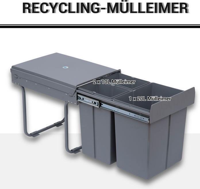 Image du produit Swisshandel24 40L Einbaumülleimer Unterschrank ausziehbarer Müllsammler mit 3 Fächer Grau (40 l)