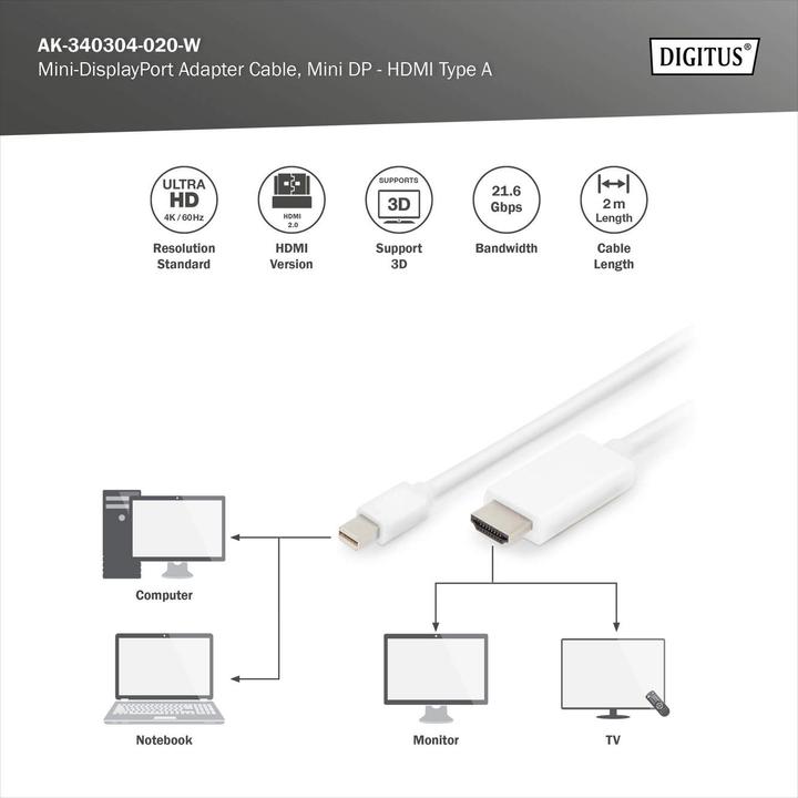 Image du produit Digitus Mini DP cable,mDP - HDMI, 2m (2 m, DisplayPort, HDMI)