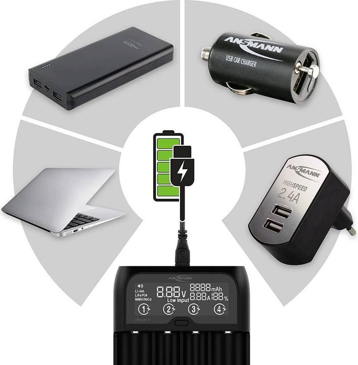Produktbild Ansmann Lithium 4 Universalladegerät mit 2x 18650 Akkuzellen (2600mAh) Ladegerät (1 Stk., 14500, 16340, 17670, 18500, 18650, 22650, 26650, 2600 mAh, Ladegerät inkl. Akku)