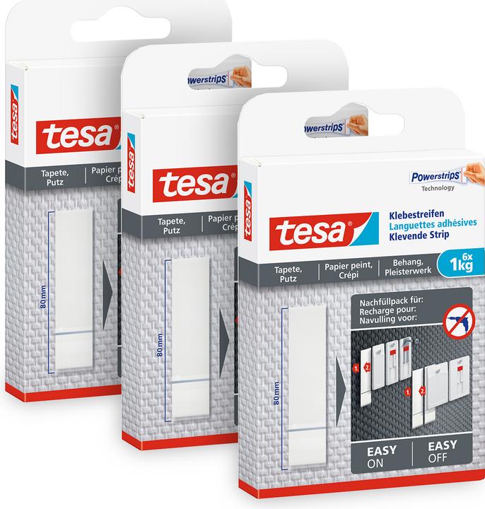 Produktbild tesa 3x Powerstrips für Tapete & Putz, 1kg Halteleistung, 18 doppelseitige Klebestreifen