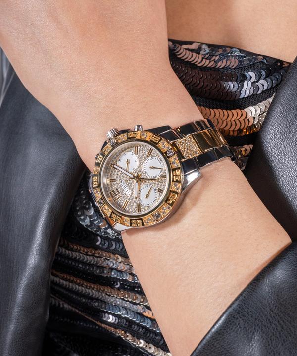 Produktbild Guess P SLV CS W/ P GLD TOP PART W/ CRYS / SUN WHT GLITZ MF DL / P SLV & GLD BRCT Armbanduhr (Uhr mit Schmuckstein, Analoguhr, 40 mm)