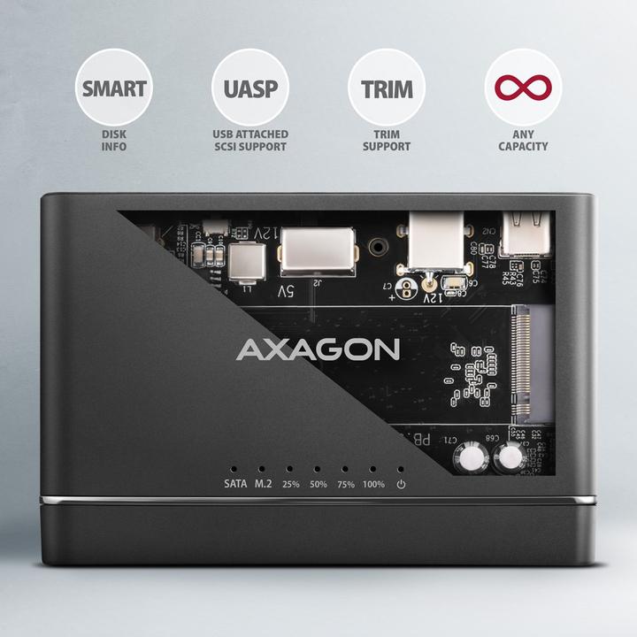 Actual product image Axagon ADSA-CC USB-C - NVMe M.2 SSD & SATA 2.5"/3.5" SSD/HDD CLONE MASTER (M.2 2280, M.2 2260)