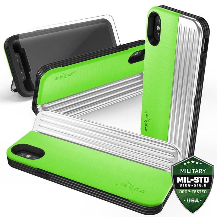 Produktbild Zizo Retro Series – iPhone Xs/X-Hülle mit Kartenfach + Ständer + 9H-Glasscheibe (Neongrün/Silber) (Apple iPhone XS)
