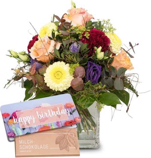 Produktbild Fleurop Bunter Blumentraum mit Schoggi-Tafel "Happy Birthday" (Schnittblumen)