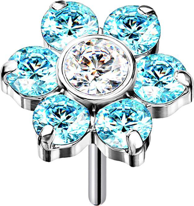 Star Piercing Threadless silber Blume Kristalle aqua (ohne Messing, Titan G23)