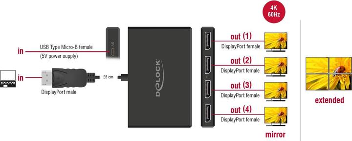 Produktbild Delock DisplayPort 1.4 Splitter 1 x DisplayPort in zu 4 x DisplayPort out (10.50 cm)