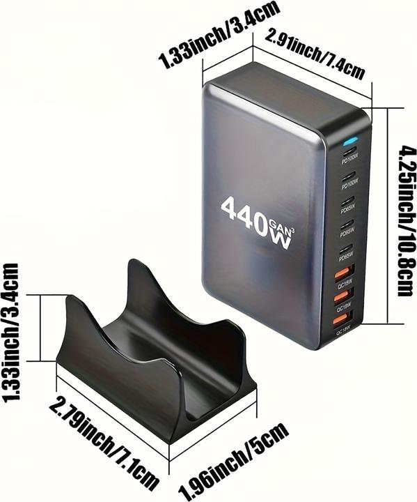 Produktbild PhoneLook Schnellladegerät 440W GaN Multi-Port mit LED-Anzeigen 8-in-1 USB-C/USB-A CH/EU Weiss (440 W)