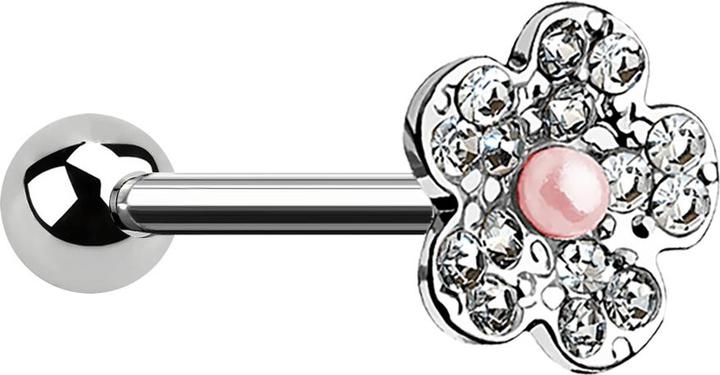 Star Piercing Micro Barbell silber mit Kugel und Blume mit Perle pink (Chirurgenstahl 316L, Messing)