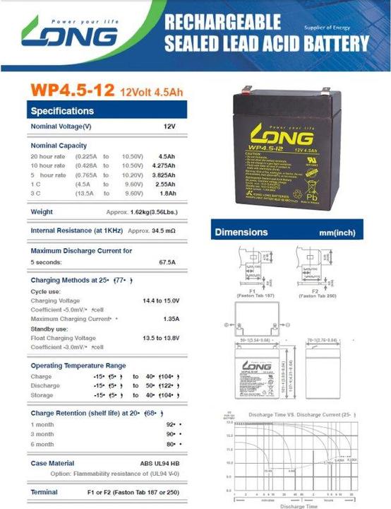 Produktbild Kung Long Akku WP4.5-12, 4,8mm Faston Kontakt (12 V, 4.50 Ah)