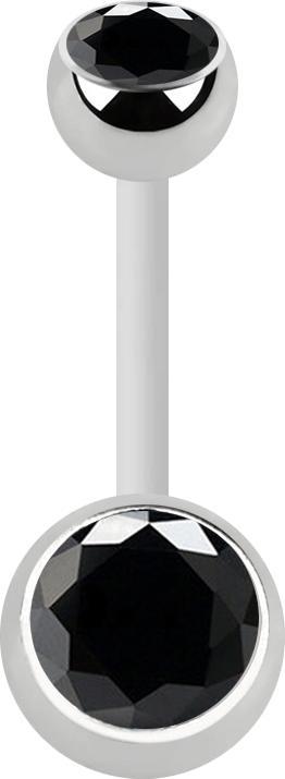 Star Piercing Banane weiss mit zwei Kugeln silber Kristall schwarz (Bioflex, ohne Messing, Chirurgenstahl 316L)