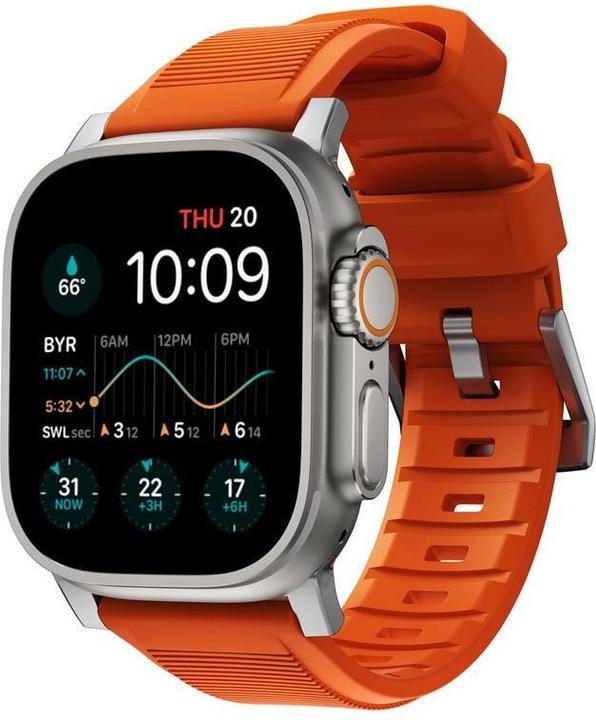 Nomad Cinturino rugged -ranneke, Apple Watch 49 / 45 / 44 /, oranssi / hopea (45 mm, 44 mm, 42 mm, 49 mm, Pneumatico)