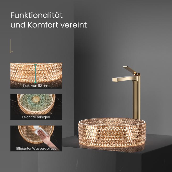 Produktbild Emke Aufsatzwaschbecken, 360 x 360 x 112 mm, Waschbecken aus roségoldenem Glas, Rundes Aufsatzwaschbecken (360 mm, 360 mm)