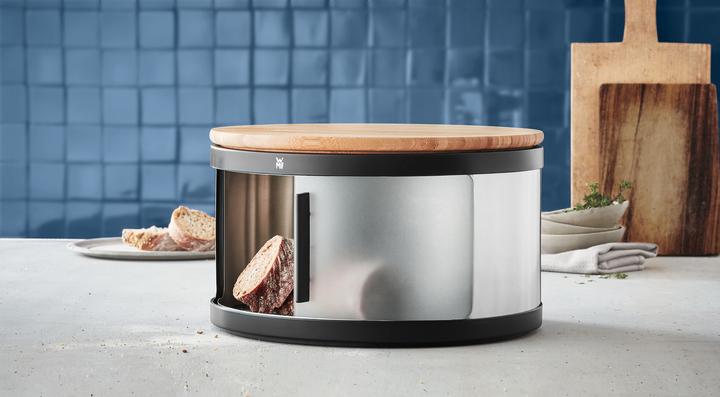 Produktbild WMF Gourmet Brotkasten rund / Brotbox mit Schneidbrett 32 x 13cm Bambus Cromargan Edelstahl schwarz