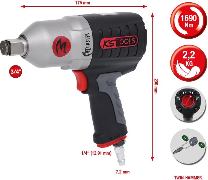 Produktbild KS Tools 3/4" MONSTER Hochleistungs-Druckluft-Schlagschrauber, 1690 Nm, 88 dbA (Druckluft)