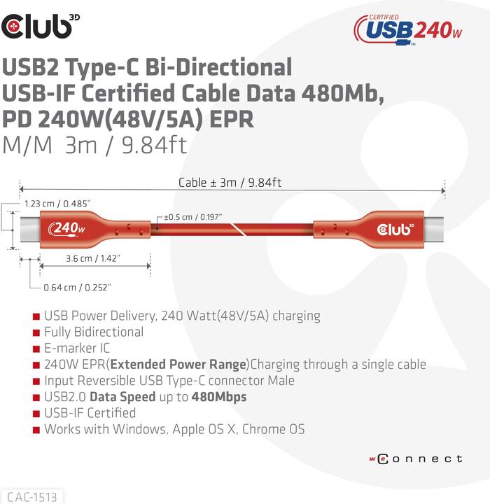 Actual product image Club 3D USB C - USB C (3 m, USB 2.0)