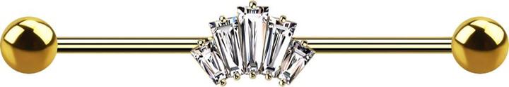 Star Piercing Barbell vergoldet mit zwei Kugeln fünf Baguette Kristalle silber (Chirurgenstahl 316L, Messing)