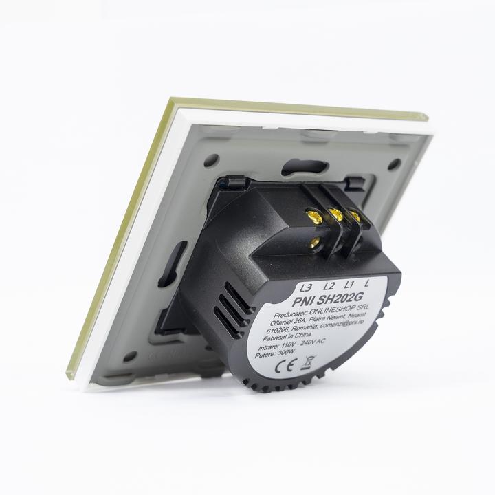 Actual product image PNI Double switch with touch SH202G made of glass, gold with LED display, colour gold
