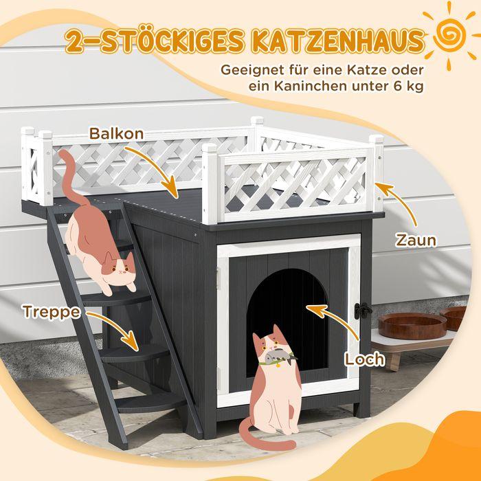 Produktbild Swisshandel24 Katzenhöhle, Katzenhütte aus Tannenholz, Katzenhaus mit Balkon, Treppe Grau (Katze)