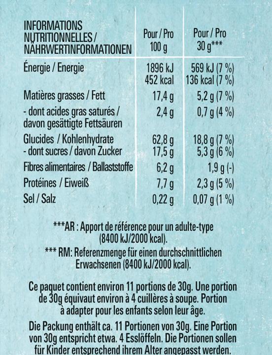 Valeurs nutritives et ingrédients Nat Choco-Noisette Céréales (340 g)