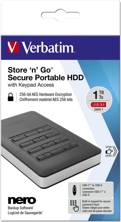 Immagine prodotto Verbatim unità HDD esterna USB 3.1 Secure (1 TB)