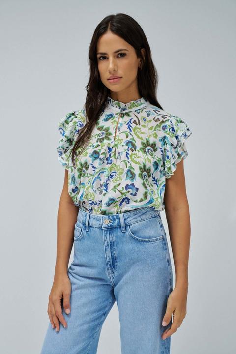 Salsa Jeans Kurzarmbluse Ruffled Detail Print Blouse (S)