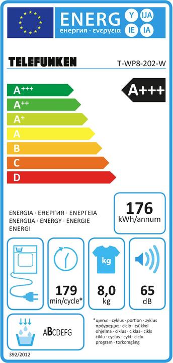 Etichetta energetica JVC Pompa di calore Telefunken T-WP8-202-W centralizzata. (8 kg, A destra)
