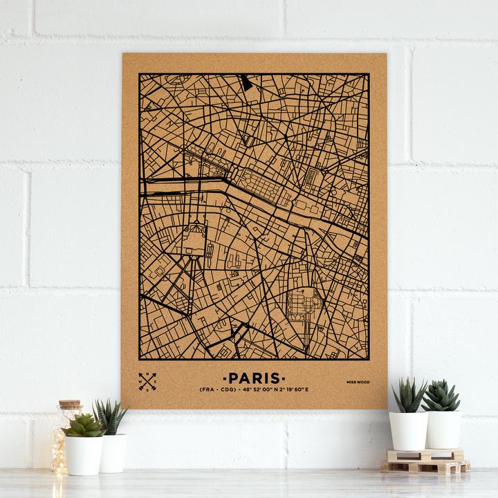 Produktbild Miss wood Woody Map Städtekarte - Paris - XL- in schwarz (Pinnwand, 90 x 60 cm)