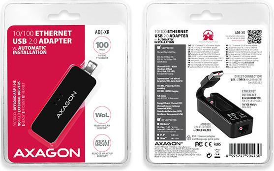 Image du produit Axagon ADE-XR Adaptateur Fast Ethernet 10/100 - USB 2.0 type A (USB 2.0, RJ45 (1x))