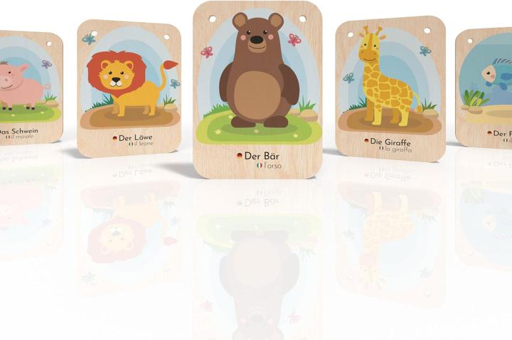 Produktbild Activity Board Zweisprachige Tierkarten aus Holz - Deutsch Italienisch, Lernspielzeug, Sprachförderung für Kinder (Deutsch, Italienisch)