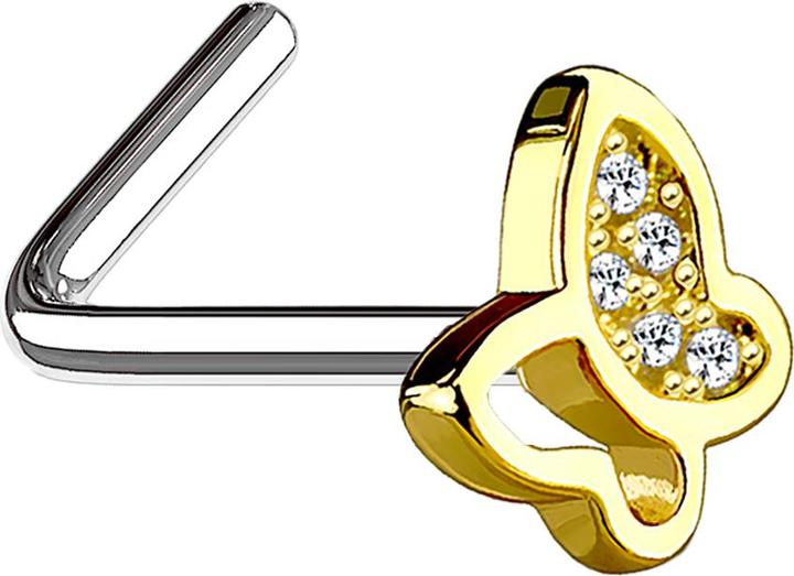 Star Piercing Nasenstecker gewinkelt vergoldet mit Schmetterling und Kristall (Messing, Chirurgenstahl 316L)