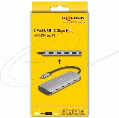 Productafbeelding Delock 7 Port USB 10 Gbps Hub und 4K HDMI Ausgang mit USB Ty (USB-C, 7 Havens)