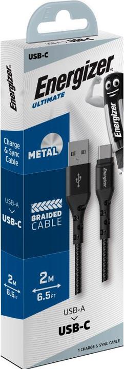 Produktbild Energizer Kabel aus Metall / geflochtenem Nylon - USB-C - 2 m, schwarz (2 m, USB 2.0)