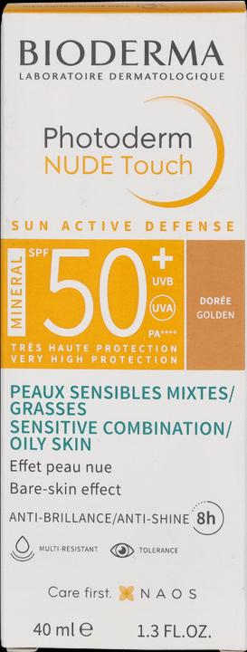 Actual product image Bioderma Photoderm Nude Touch Mineral SPF50+ dorée (Sun cream face, SPF 50+, 40 ml)