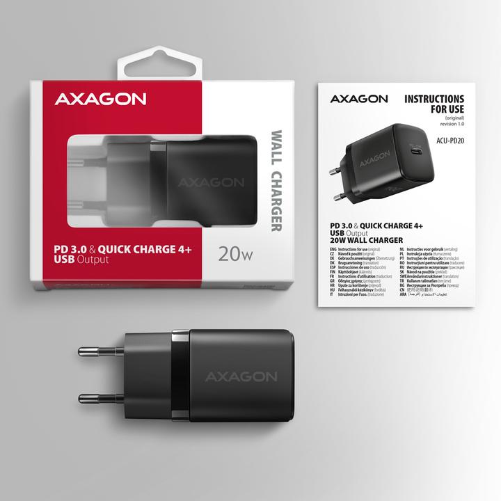 Image du produit Axagon ACU-PD20, chargeur pour prise murale 20W, 1x port USB-C, PD3.0/PPS/QC4+/AFC/Apple, noir (20 W)