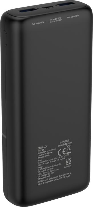 Actual product image Deltaco Powerbank with fast charging, 3 ports, 2x USB-A 18W, 1x USB-C PD 20W, 20,000 mAh black (20000 mAh, 20 W)