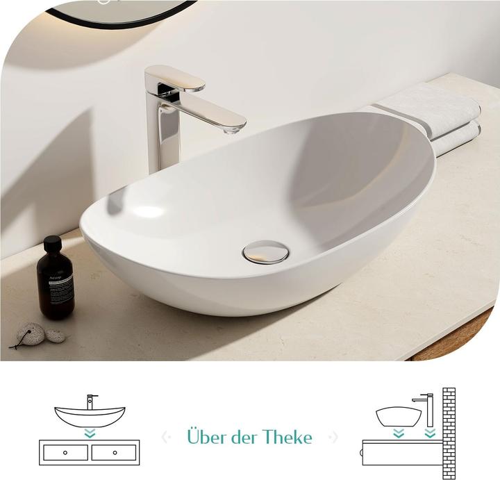 Produktbild Emke Aufsatzwaschbecken Ovales Waschbecken Keramik Waschbecken Waschtisch Weiss Glänzend 350x 270 x 1 (270 mm, 350 mm)