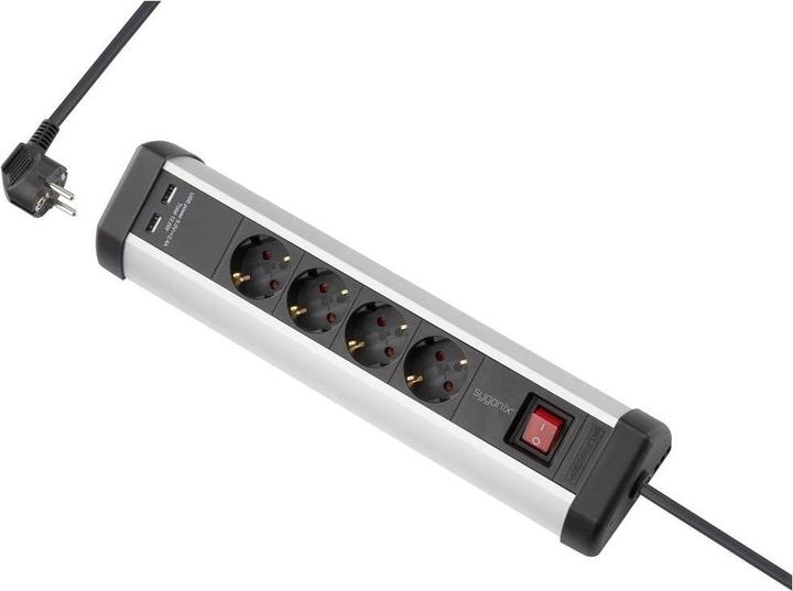 Actual product image Sygonix SY-5145336 Desktop socket outlet Black, silver Earth contact 1 pc. (4 x, CEE 7/3, 1.50 m)