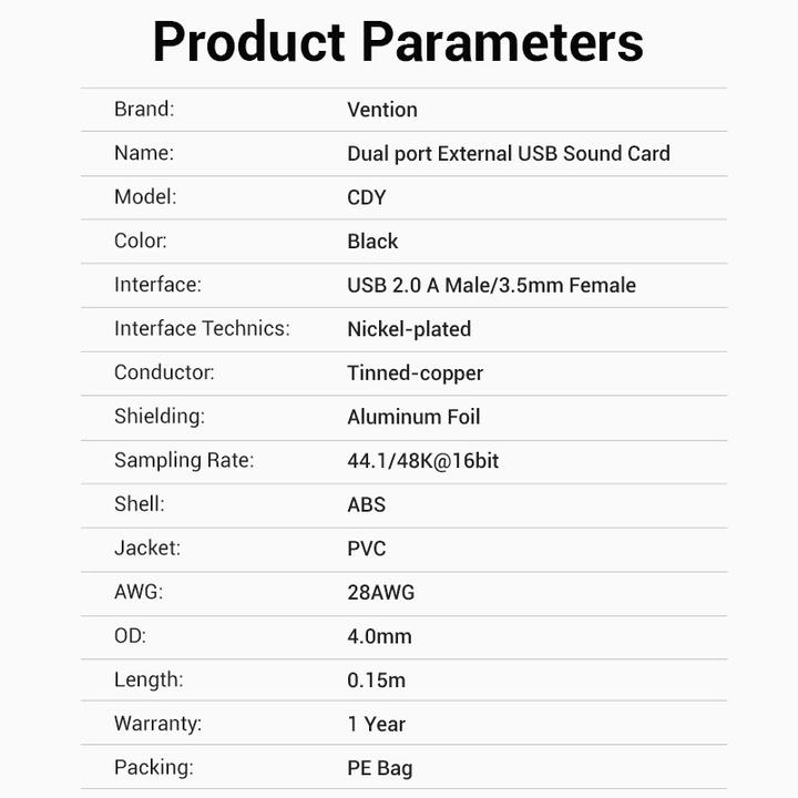 Nutritional values and ingredients Vention External sound card USB 2.0 CDYB0 2-port 0.15m (USB)