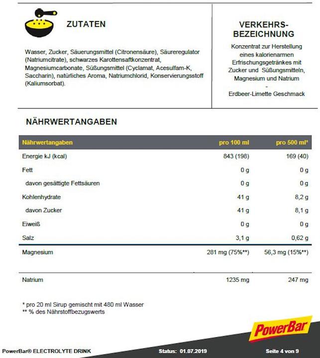 Nährwerte und Zutaten Powerbar Electrolyte Drink (Erdbeere-Limette, 1 x)
