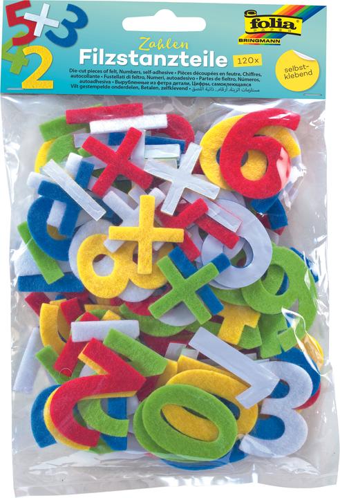 Produktbild Folia 5262 - Filzstanzteile Zahlen, selbstklebend, 120 Stück, farbig sortiert, je ca. 4,5 cm gross