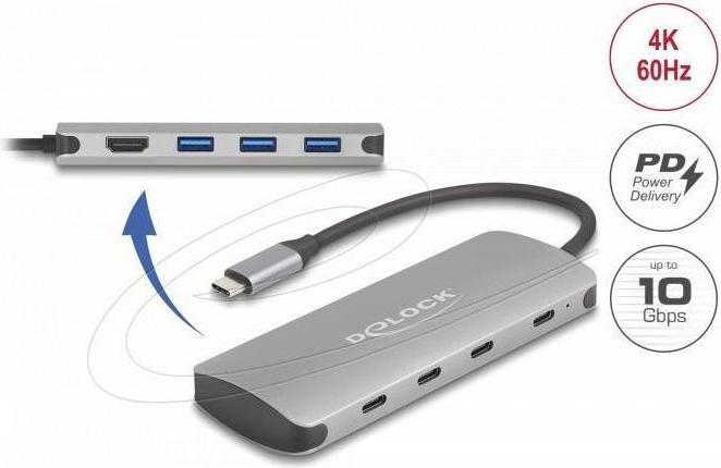 Productafbeelding Delock 7 Port USB 10 Gbps Hub und 4K HDMI Ausgang mit USB Ty (USB-C, 7 Havens)