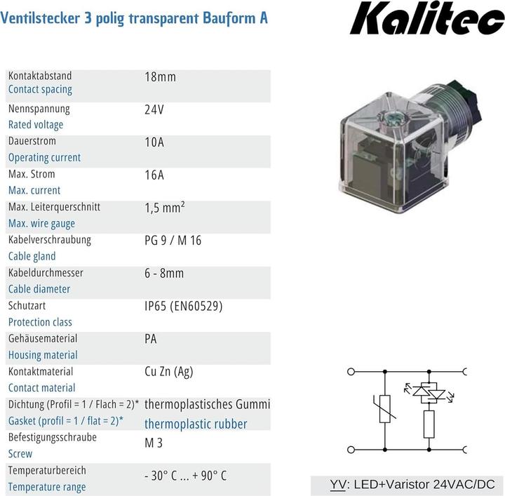 Produktbild Kalitec 3 Stück Ventilstecker Bauform A I 3 polig 24V transparent mit Beschaltung I PG9 I LED + Vari