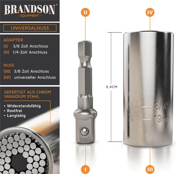Produktbild Brandson Steckschlüssel, Universal Schlüssel, Multifunktions Nuss Bit Adapter, Universalnuss 7-19mm + Adapter