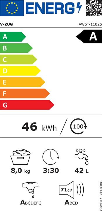 Energie-Label V-Zug AdoraWaschen V6000 (8 kg, Rechts)